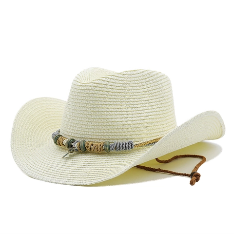 Western Cowboy Straw Hat Wide Brim Sun Protection Summer Beach Ethnic Beaded Band Starfish Pendant Adjustable Rope