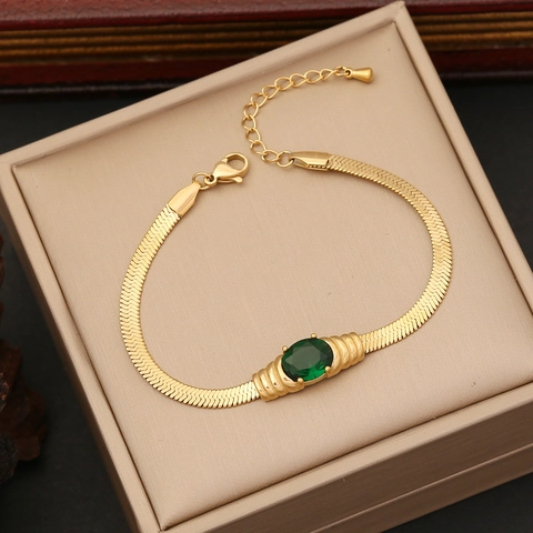 Gioielli In Acciaio Inossidabile Donna Placcato Oro Catena Serpente Piatta Con Pietra Preziosa Verde Smeraldo Ovale Collana Bracciale Orecchini