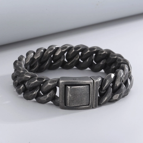 Bracciale A Catena Cubana Da Uomo Acciaio Inossidabile 316L Texture Martellata Argento Antico Punk Retro Stile Industriale