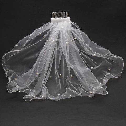 Short Bridal Wedding Veil With Faux Artificial Pearl Beaded Mesh Tulle And Metal Hair Comb For Bride Wedding Party Hair Accessories