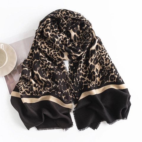Leopard Print Winter Scarf Shawl Polyester Cashmere Feel Warm Large Neck Warmer Tassel Edge Fashion Commuter For Women