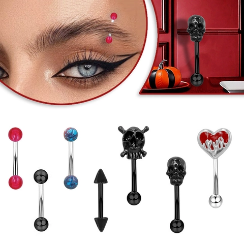 Stainless Steel Eyebrow Studs Hip Hop Skull Heart Flame Eyebrow Rings Body Piercing Jewelry For Halloween Party Unisex