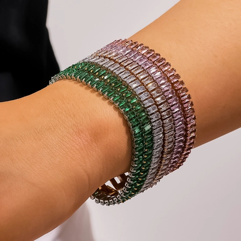 Baguette Slijpvorm Zirkonia Tennisarmband Roestvrij Staal 18K Verguld Kleurrijk Kristal Luxe Sieraden Voor Dames