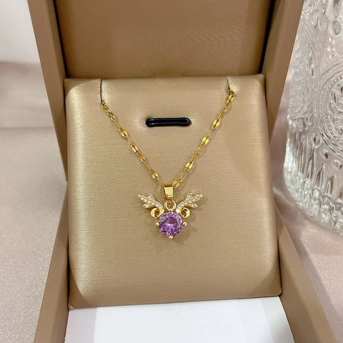 Collier Pendentif Bois De Cerf Chaîne En Acier Inoxydable Cuivre Zircon Violet Bijoux Élégants Pour Femmes