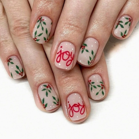 Press On Nägel Weihnachten Feiertagsthema Beerenblattmuster Nude Rosa Künstliche Falsche Fingernägel Für Frauen