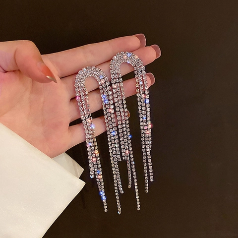 Lange Quasten Ohrhänger Mit 925 Sterling Silber Ohrstecker Funkelnde Kristallohrringe Für Damen Party Elegant