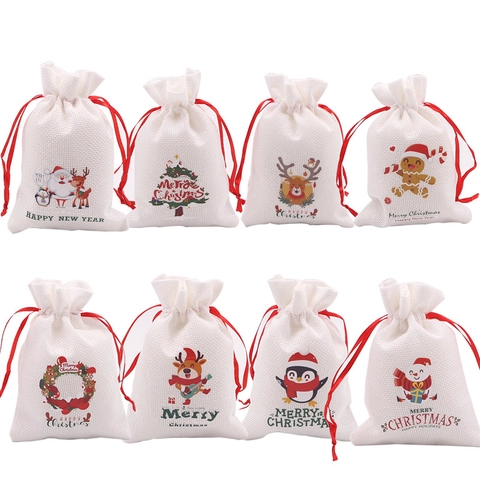 Christmas Gift Bags Drawstring Linen Burlap Pouches Cartoon Santa Reindeer Candy Packaging Holiday Party Decor