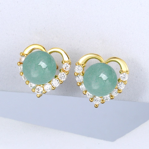 Pendientes De Botón Corazón Con Jade Aventurina Y Circonita Joyería De Lujo Vintage Para Mujer Con Poste De Plata De Ley 925