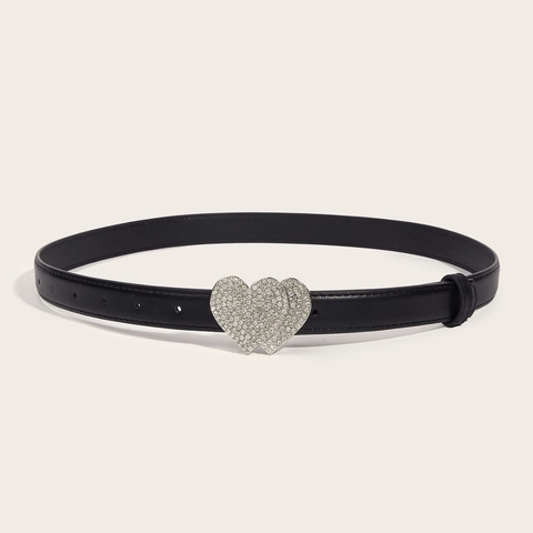 Cintura da Donna in Pelle Artificiale Vintage Con Fibbia a Doppio Cuore in Strass Cintura Decorativa alla Moda per Jeans