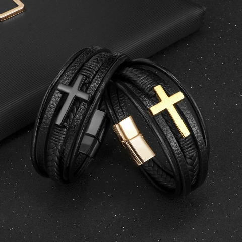 Bracciale In Pelle Multistrato Da Uomo Con Ciondolo A Croce In Lega E Chiusura Magnetica Intrecciata Stile Punk