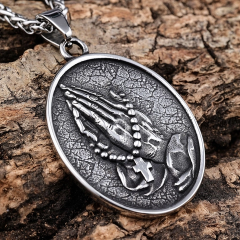 Vintage Roestvrijstalen Biddende Handen Hanger Ketting Retro Religieus Kruis Rozenkrans Ontwerp Sieraden Voor Heren Dames