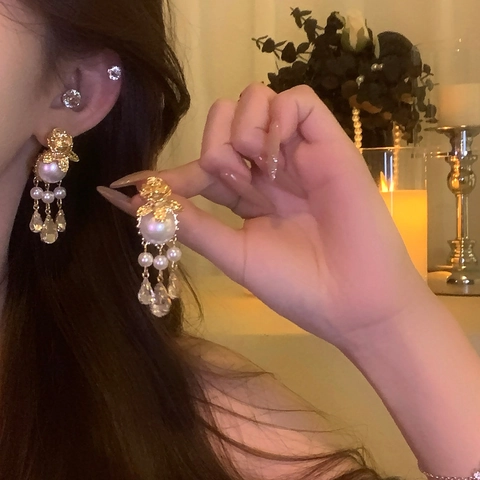 Vintage Rose Flower Drop Earrings With Imitation Artificial Pearl Long Tassel Water Drop Crystal Gold Plated Silver Earring Post