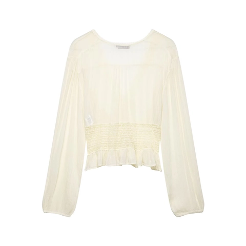 Women Chiffon Peplum Top V Neck Long Sleeve Lace Trim Smocked Waist Button Down Elegant Blouse Off White Cream