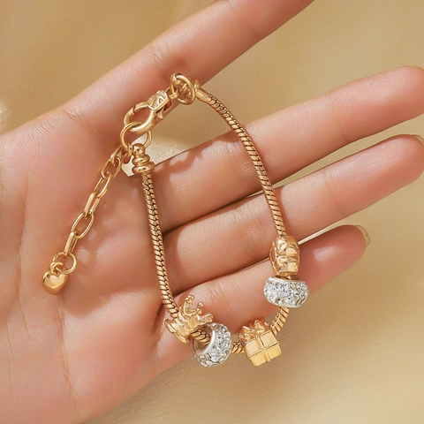 Bracelet Charme Cœur Couronne Strass Alliage Or Femmes Bijoux Chaîne Serpent Style Européen Cadeau Fermoir Mousqueton