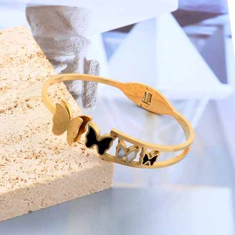 Butterfly Bangle Stainless Steel Gold Plated Hinged Spring Opening Bracelet Fashion Jewelry For Women