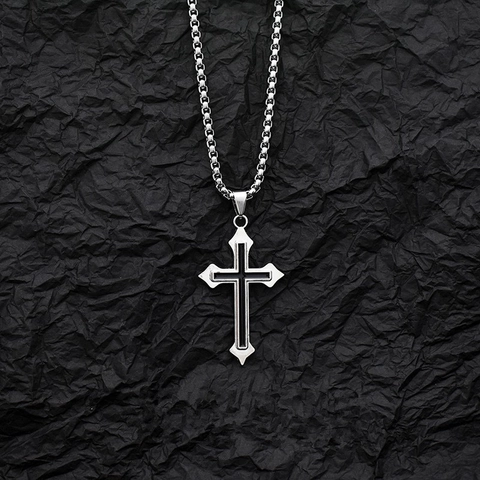 Kreuz Anhänger Halskette Titan Edelstahl Box Kette Schwarz Inlay Hip Hop Gothic Schmuck Für Herren Damen