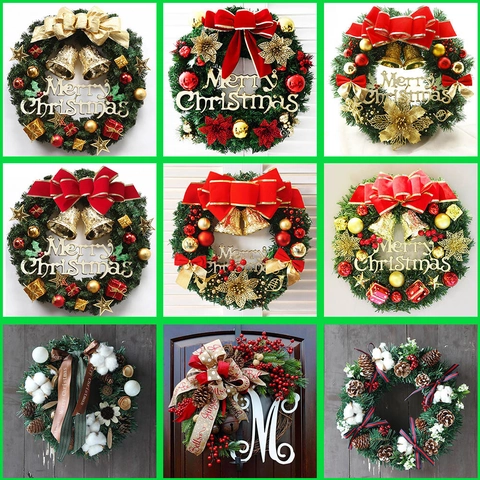 Corona Di Natale Artificiale Aghi Di Pino Ghirlanda Con Fiocco Pigne Bacche Per Porta D'ingresso Decorazione Murale Casa