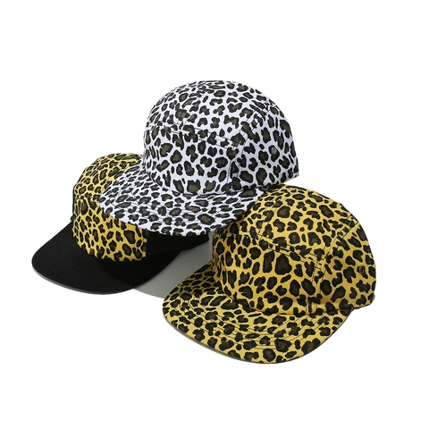 Leopard Print Five Panel Camper Hat Cotton Flat Brim Baseball Cap Adjustable Strap Outdoor Streetwear Sun Protection