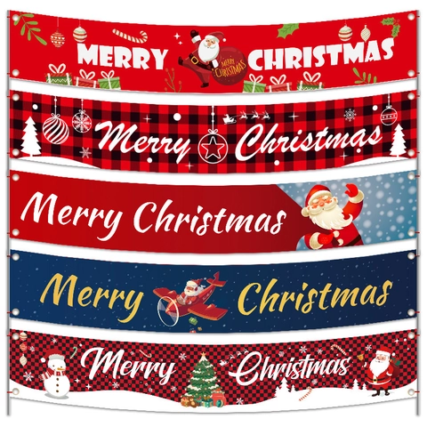 Merry Christmas Banner Outdoor Yard Decoration Oxford Cloth Santa Claus Snowman Plaid Hanging Flag For Holiday Party Wall