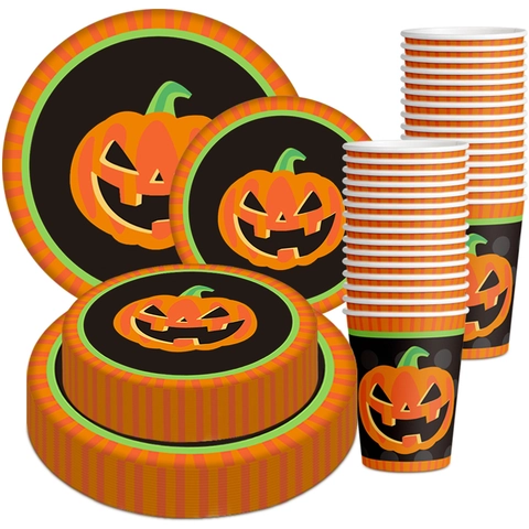 Halloween Party Tableware Disposable Paper Plates Cups Orange Plastic Cutlery Pumpkin Pattern For Festive Decor