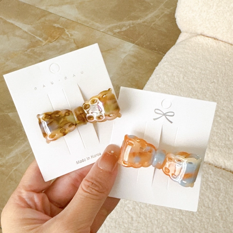 Bow Hair Clip And Elastic Hair Tie Acetate Resin Hollow Marbled Pattern Duckbill Side Clip Elegant Korean Style Accessory Women