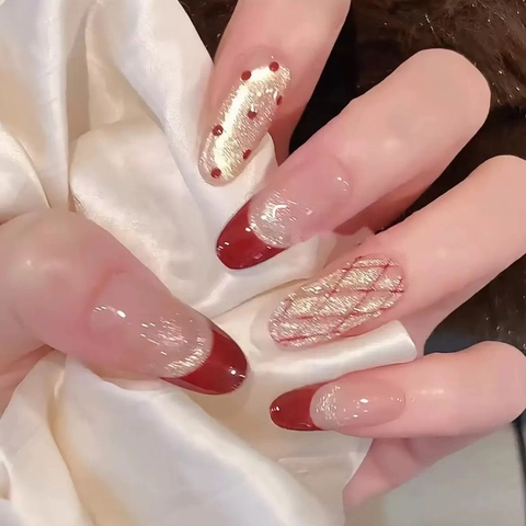 Handmade Press On Nails Red Gold Glitter French Tip Polka Dot Plaid Design Elegant Festive Fake Nails For Women