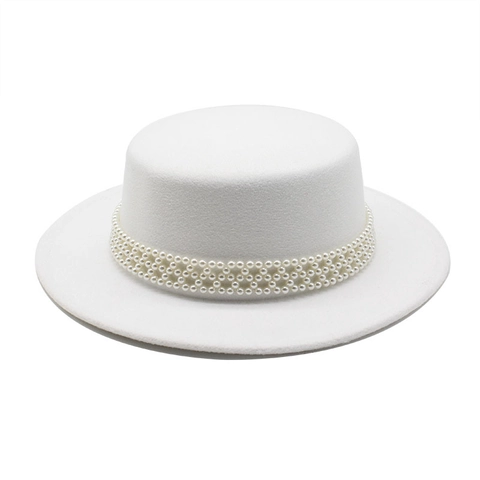 Sombrero Canotier Vintage Francés Fieltro De Lana Banda De Perlas Artificiales Ala Ancha Parte Superior Plana Elegante Retro Para Mujeres