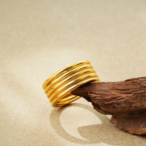 Minimalistisch 18K Vergoldeter Kupferring Für Damen Herren Mehrlagig Breites Band Mode Linientextur Schmuck Fingerring