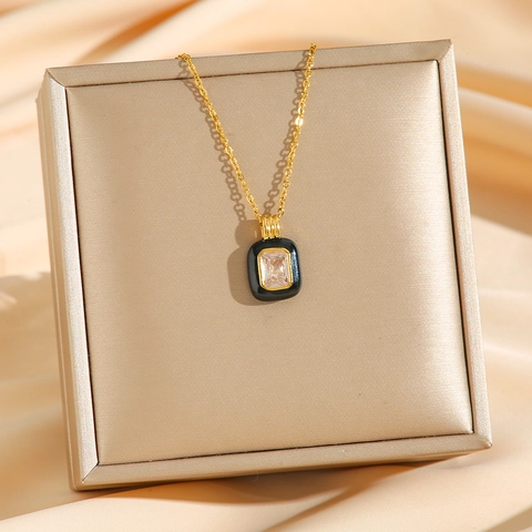 Collana Con Pendente Rettangolare Geometrico Acciaio Inossidabile Zircone Smalto Catena Clavicola Gioielli Donna