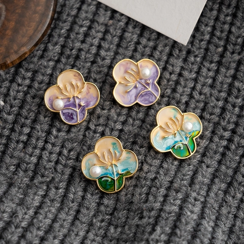 Vintage Oil Painting Style Copper Flower Stud Earrings With Natural Pearl Center 925 Sterling Silver Post Palace Jewelry