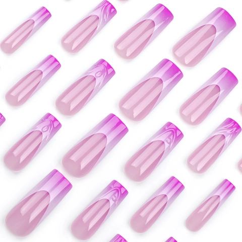 French Ombre Press On Nails Pink Purple Gradient Long Square False Nails 3D Water Ripple Acrylic Nails Decoration For Women