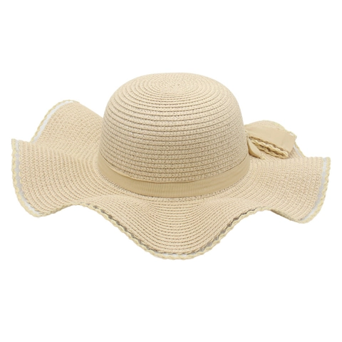 Women Wide Brim Straw Hat Wavy Edge Sun Protection Beach Hat With Ribbon Bow Lace Trim Windproof Rope Elegant Summer