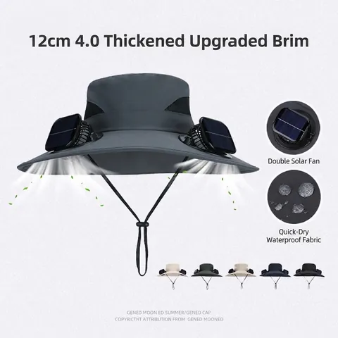 Solar Powered Fans Bucket Hat Wide Brim Waterproof Quick Dry Breathable Fishing Sun Hat Outdoor Hiking Camping Adjustable