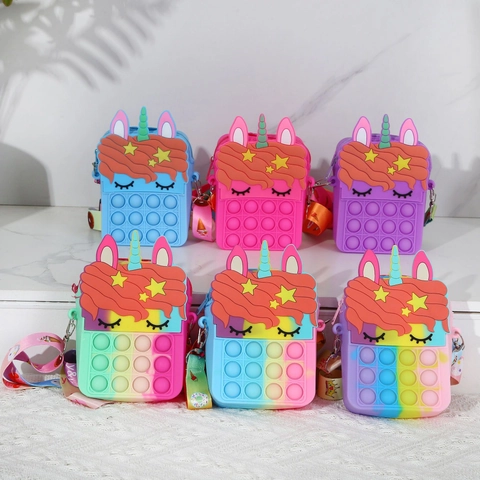 Bolso Bandolera De Silicona De Unicornio Para Niños Pop It Fidget Monedero De Descompresión Colorido Del Arco Iris