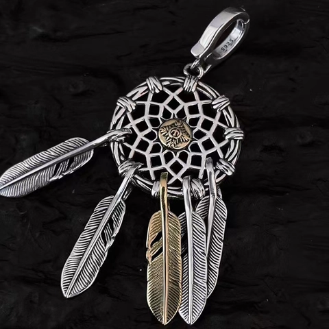 Traumfänger Anhänger Halskette Kupfer Feder Hohl Zweifarbig Silber Gold Plattiert Vintage Ethno Modeschmuck Für Damen