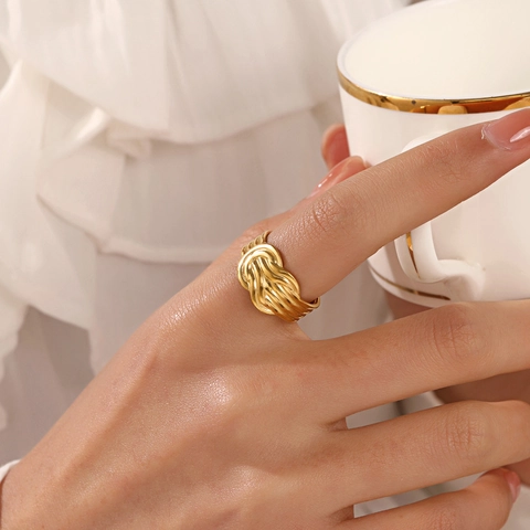 Stainless Steel 18K Gold Plated Ring Braided Twist Knot Wide Geometric Adjustable Open Rings For Women Fashion Jewelry