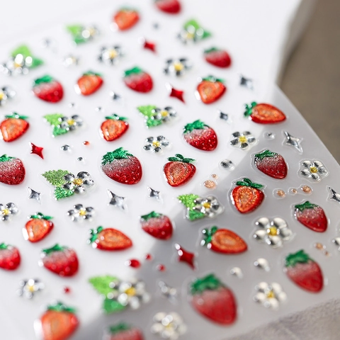 Autocollants Ongles Embossés Fraise Dessin Animé Fruit Fleur Marguerite Auto Adhésif Doré Décoration Manucure Femmes