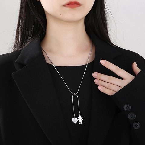 Stainless Steel Heart Pendant Necklace For Women Girl Silhouette Love Engraved Adjustable Snake Chain Y-Shaped Lariat