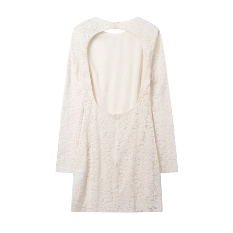 Robe Courte En Dentelle À Manches Longues Dos Nu Coupe Moulante Élégante Blanc Crème Mode Femmes