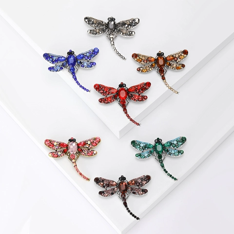 Vintage Alloy Dragonfly Brooch For Women Shiny Multi Color Rhinestone Insect Pin Elegant Clothing Accessories Jewelry Gift