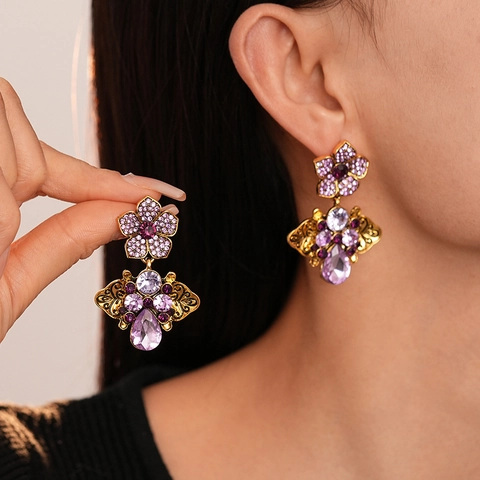 Vintage Luxury Flower Butterfly Dangle Earrings With Purple Rhinestones And 925 Sterling Silver Earring Post