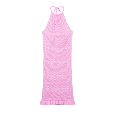 Damen Eleganter Rosa Strick Neckholder Minikleid Gesmokt Rüschensaum Bodycon Ärmellos Sommer Urlaub Party Kleid