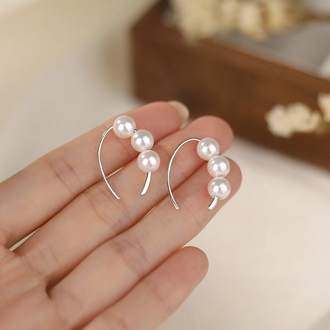 Orecchini a Gancio in Argento Sterling 925 Vintage Francese con Perla Artificiale Eleganti Orecchini a U con Perle Tonde da Donna