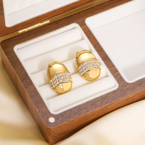 Stainless Steel Oval Stud Earrings 18K Gold Plated Cubic Zirconia Paved Acorn Shape Fashion Jewelry For Women