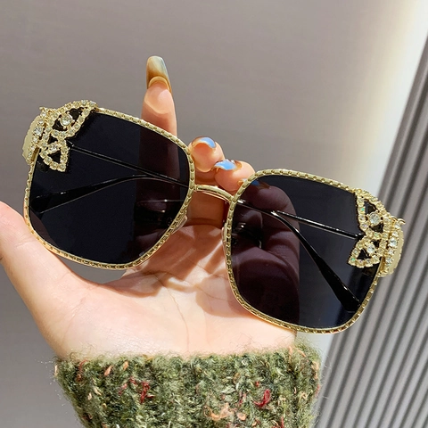 Luxus Große Quadratische Sonnenbrille Damen Metall Strass Schmetterling Dekor Elegante Outdoor Mode Eyewear
