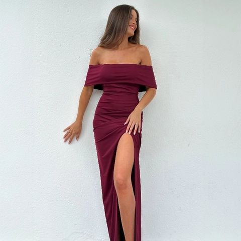 Vestito Maxi Con Spalle Scoperte Da Donna Vestibilità Aderente Arricciato Spacco Laterale Abito Da Sera Elegante Poliestere