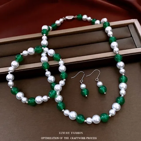 Collana Bracciale E Orecchini Vintage Perla Artificial Bianca Künstliche Perle Verdi Donna Retro Elegante Accessorio Rame
