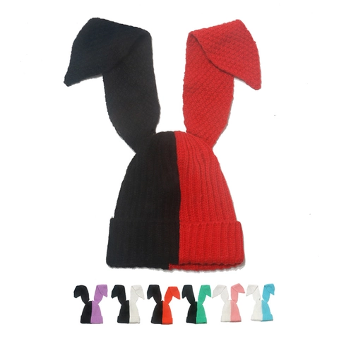 Berretto Beanie Lunghe Orecchie Di Coniglio Maglia Acrilica Calda Patchwork Colore Contrastante Carino Donna