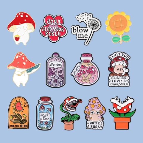 Pins En Émail Dessin Animé Broches En Alliage Drôle Champignon Tournesol Plante Carnivore Potion Magique Badge