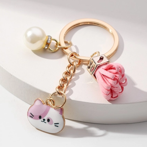 Portachiavi Gatto Cartone Animato Con Nappine in Pelle Ciondolo Perla Artificiale per Donne Ragazze Zaino Borsa Decorazione